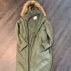 Zara Army Green Long Fur trimmed Puffer jacket